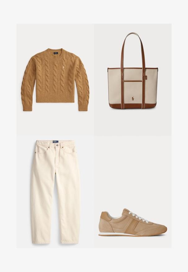 Camelbrun kabelstrikket uldsweater med lange ærmer og ribkanter ved ærmer og kant, med en lille broderet logo på brystet.; Jeans i cremefarve lavet af denim med lige ben, forlommer og detaljer med overlock-syning. Lukning med metalknap og lynlås.; Lysebrun ruskind og læder lavtop-sneaker med hvide snørebånd og hvid gummisål vist fra siden på en hvid baggrund.; Beige lærredstote taske med brune læderdetaljer, der har to skulderremme, en frontlomme og et lille logomærke.