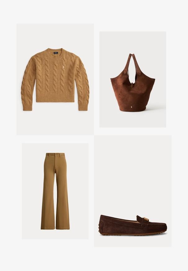 Pull en laine marron chameau tricoté en torsades avec manches longues et poignets et ourlet côtelés, comportant un petit logo brodé sur la poitrine.; Pantalon marron taille haute à jambes larges avec passants de ceinture, bouton frontal et fermeture éclair sur fond clair.; Mocassin en daim marron avec bout mocassin, détail de boucle dorée sur la bride, et semelle en caoutchouc cloutée pour une bonne adhérence.; Grand sac fourre-tout en daim marron avec deux poignées, une petite sangle à bouton et un logo blanc brodé près du centre inférieur.