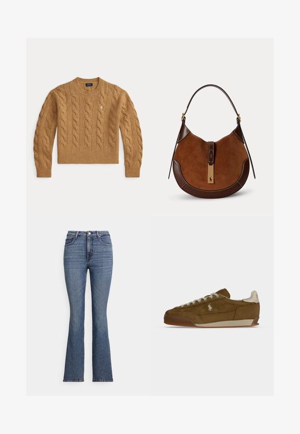 Pull en laine marron chameau tricoté en torsades avec manches longues et poignets et ourlet côtelés, comportant un petit logo brodé sur la poitrine.; Jean en denim bleu évasé avec une taille haute, doté de cinq poches, de surpiqûres contrastantes et d'une texture lisse.; Baskets en daim marron avec lacets crème, semelle épaisse et petit logo blanc brodé sur le côté.; Sac à main en daim et cuir marron en forme de croissant avec une bandoulière unique et un fermoir doré avec un petit logo cheval et cavalier.