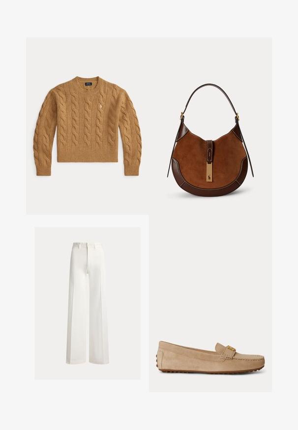 Jersey de lana de punto cable en color marrón camello con mangas largas y puños y dobladillo acanalados, con un pequeño logo bordado en el pecho.; Pantalones blancos de tiro alto y pernera ancha con trabillas para cinturón y cierre delantero con botones, mostrados sobre un fondo liso.; Mocasín beige de ante sin cordones con detalles de costuras, una hebilla metálica dorada en la parte superior y una suela de goma con tacos antideslizantes.; Bolso en forma de media luna de ante y cuero marrón con una correa única y cierre dorado con un pequeño logotipo de caballo y jinete.