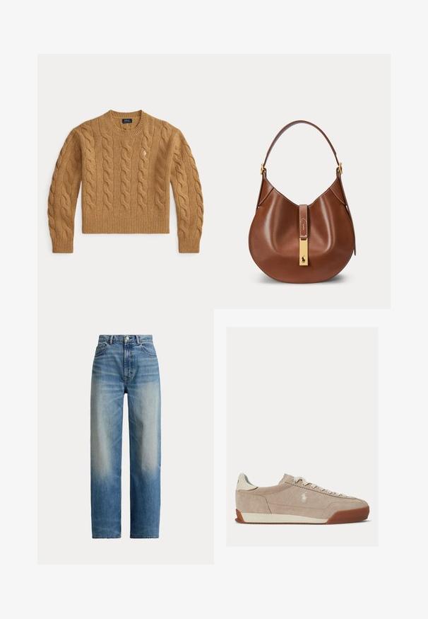 Camelbrun kabelstrikket uldsweater med lange ærmer og ribkanter ved ærmer og kant, med en lille broderet logo på brystet.; Blå jeans med høj talje og lige ben, der er falmet foran og har klassisk fem-lomme design, knaplukning og lynlås.; Beige ruskind lavtop sneaker med hvide snørebånd, hvidt logo på siden og brun gummisål.; Brun læderhåndtaske med buet form, enkelt rem og gyldent rektangulært spændelås med en lille hestelogo foran.