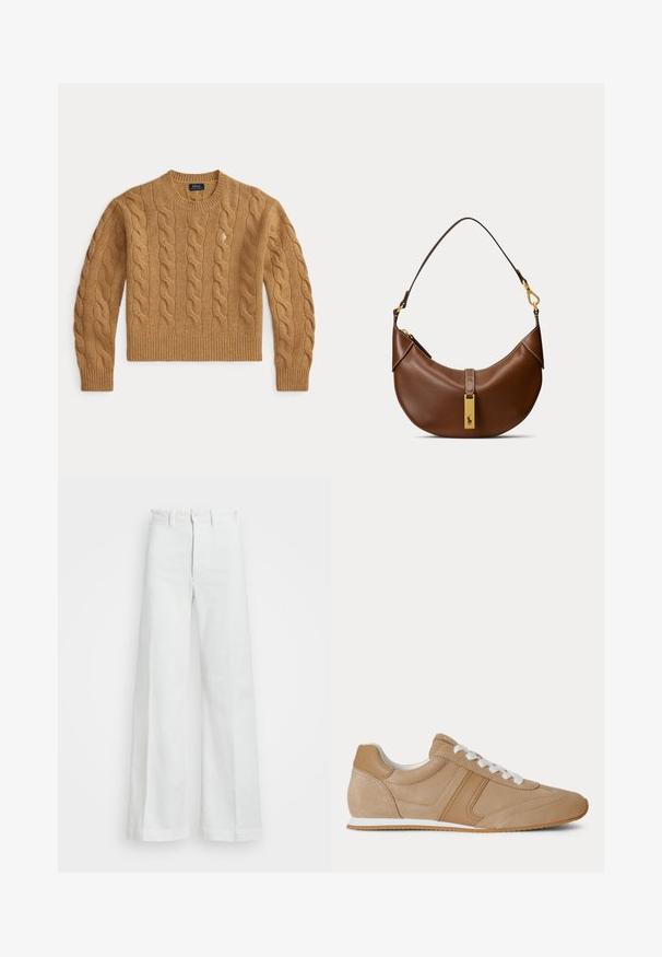 Pull en laine marron chameau tricoté en torsades avec manches longues et poignets et ourlet côtelés, comportant un petit logo brodé sur la poitrine.; Pantalons blancs à jambes larges en denim, avec une taille haute, une fermeture à boutons et un zip caché. Texture lisse sans motifs visibles.; Baskets basses en suède et cuir marron clair avec lacets blancs et semelle en caoutchouc blanc vues de profil sur fond blanc.; Sac à main en cuir marron en forme de croissant avec une seule bandoulière et une étiquette rectangulaire dorée comportant un logo de cheval.