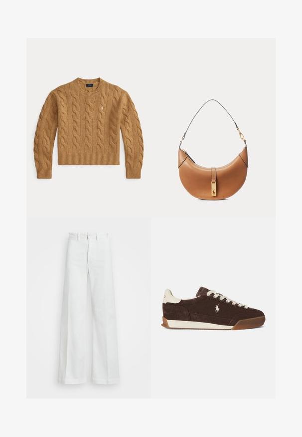 Jersey de lana de punto cable en color marrón camello con mangas largas y puños y dobladillo acanalados, con un pequeño logo bordado en el pecho.; Pantalones anchos blancos de mezclilla, con una cintura alta, cierre de botón y cremallera oculta. Textura suave sin patrones visibles.; Zapatilla de ante marrón con cordones blancos, talón blanco a contraste, suela de goma y un logotipo bordado en el lateral. Diseño clásico de corte bajo.; Bolso de mano de cuero marrón en forma de media luna con asa corta y colgante rectangular de tono dorado con logo de caballo en el cierre delantero.