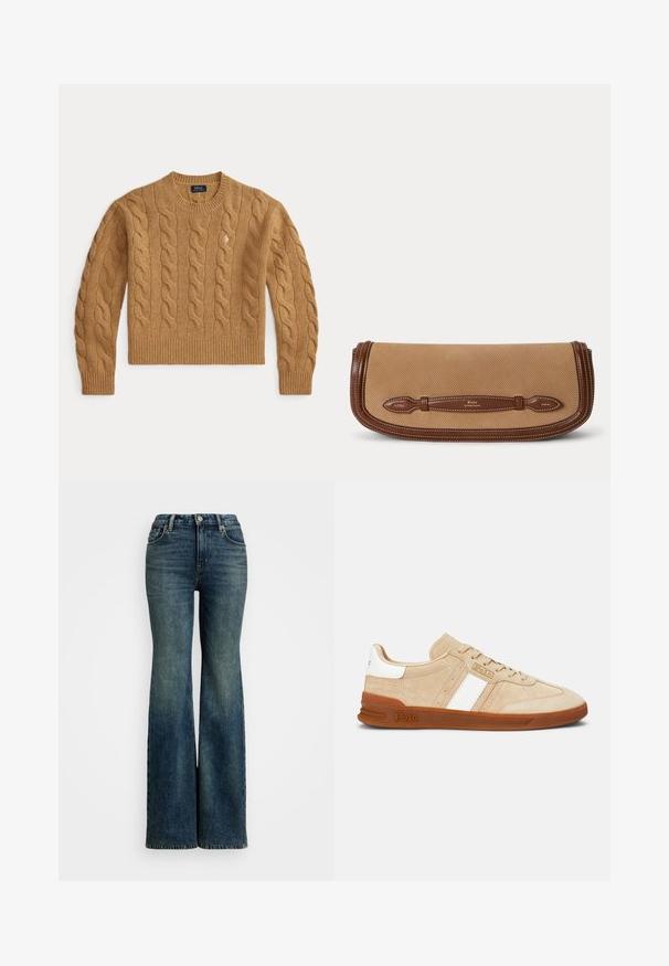 Camelbrun kabelstrikket uldsweater med lange ærmer og ribkanter ved ærmer og kant, med en lille broderet logo på brystet.; Flaeret blå denimjeans med høj talje, der har fem lommer og syninger som accent. Stoffet har en klassisk falmet struktur.; Beige ruskindssneakers med hvide striber, gummisål og brune detaljer. Har en tekstureret overflade og en logo på siden.; Beige stof clutch med brun lædertrim og håndtag prydet med Polo by Ralph Lauren branding.