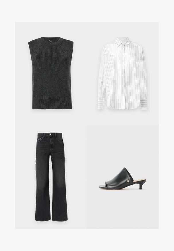 Suéter sin mangas de color gris oscuro con textura acanalada, escote redondeado y dobladillo inferior con banda. Diseño simple sin patrones o detalles adicionales.; Camisa blanca de manga larga con botones, con finas rayas verticales negras y un cuello puntiagudo, exhibida sobre un fondo liso.; Vaqueros negros de tiro alto y pierna ancha con cinco bolsillos, trabillas para cinturón y cierre de botón sobre un fondo liso.; Mules de cuero negro de punta abierta con un tacón bajo. Presentan una superficie lisa y un acento del logo dorado en el costado.