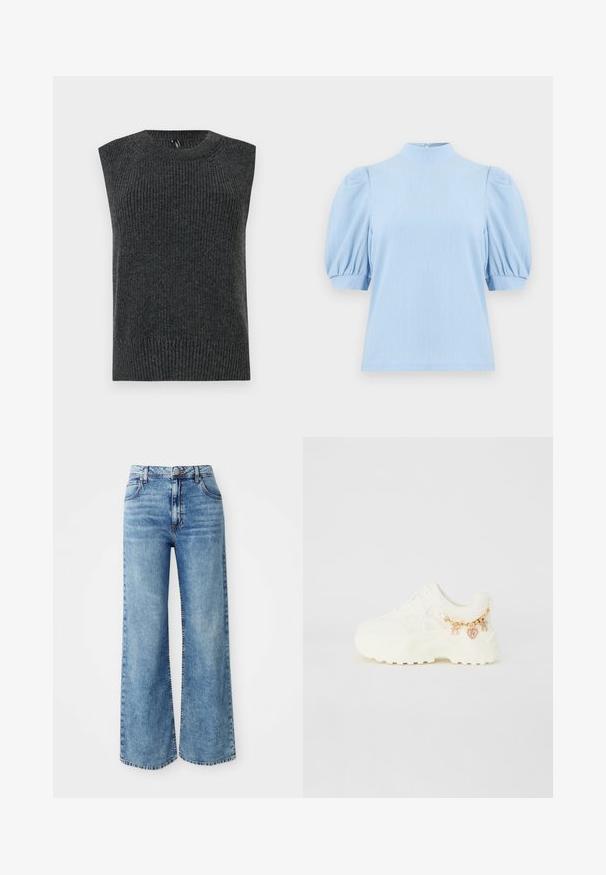 Suéter sin mangas de color gris oscuro con textura acanalada, escote redondeado y dobladillo inferior con banda. Diseño simple sin patrones o detalles adicionales.; Blusa de manga corta azul claro texturizada con mangas abullonadas, cuello alto y cierre de botones en la parte posterior del cuello.; Jeans de mezclilla anchos de color azul claro con cintura alta, que cuentan con cinco bolsillos, cierre de botón en la parte superior y costuras en contraste a lo largo de las costuras.; Zapatilla blanca con una superposición texturizada, suela gruesa y cadena lateral con detalles de corazón y encanto. Incluye cordones y cuello acolchado.