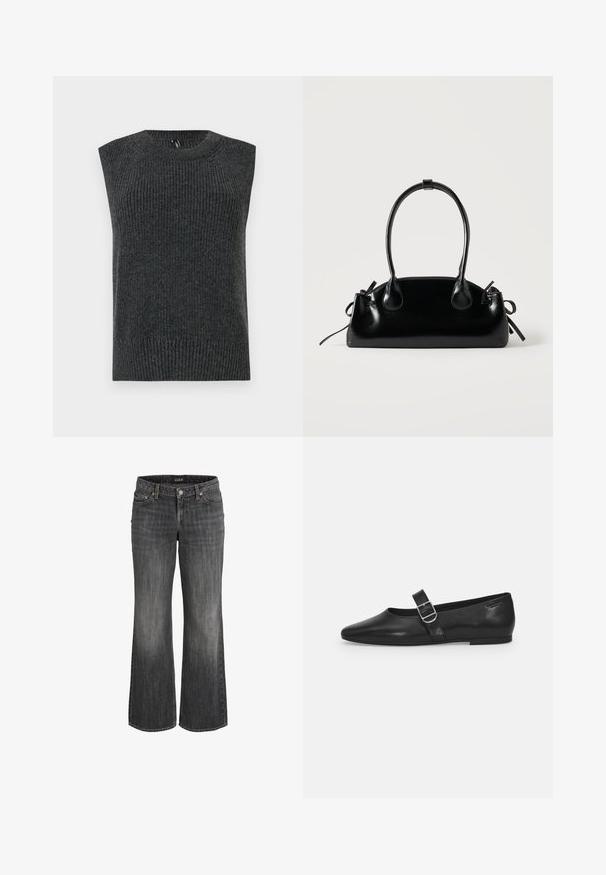 Suéter sin mangas de color gris oscuro con textura acanalada, escote redondeado y dobladillo inferior con banda. Diseño simple sin patrones o detalles adicionales.; Vaqueros negros descoloridos de pierna recta con botón frontal, trabillas para cinturón y diseño de cinco bolsillos.; Zapato plano de cuero negro con punta redondeada, una sola correa ajustable con hebilla y una textura suave y brillante. Diseño minimalista con un tacón bajo.; Pequeño bolso negro brillante con dos asas largas y detalles de cordón lateral sobre un fondo claro liso.