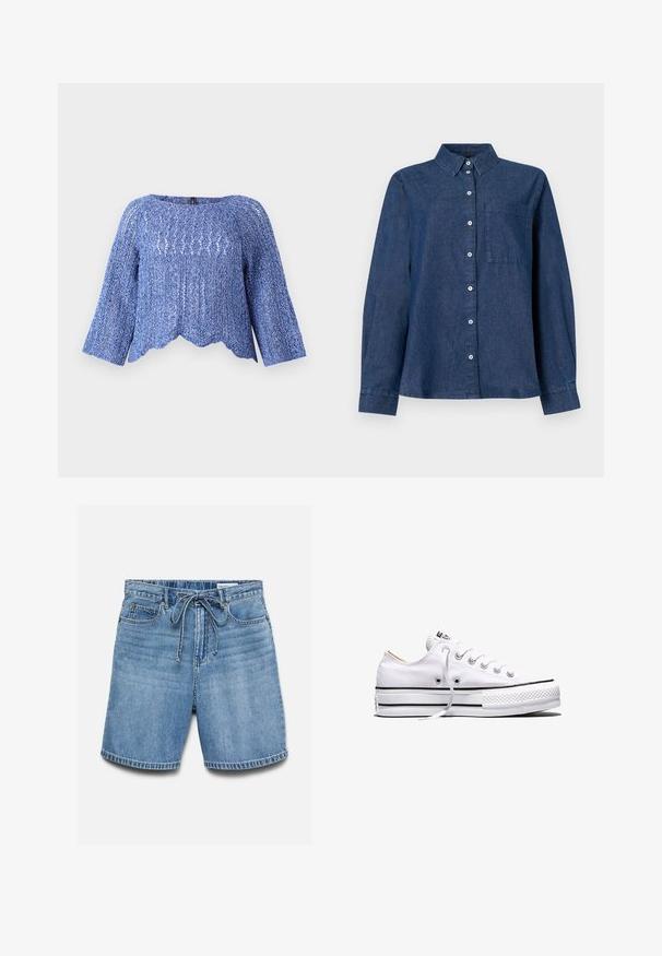 Haut en tricot bleu avec une coupe ample, un col rond, des manches longues, un ourlet festonné et un motif texturé. Matériau léger et respirant.; Chemise en denim bleu foncé à manches longues, dotée d'un devant à boutons, d'un col pointu, d'une poche poitrine unique et de poignets à boutons.; Short en denim bleu avec poches avant et passants pour ceinture, agrémenté d'un cordon noué à la taille et de plis horizontaux délavés.; Baskets basses en toile blanche avec lacets blancs, bandes noires sur la semelle et embout en caoutchouc texturé, vue de côté sur fond blanc.