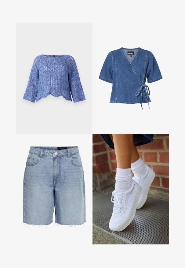 Haut en tricot bleu avec une coupe ample, un col rond, des manches longues, un ourlet festonné et un motif texturé. Matériau léger et respirant.; Haut en denim bleu foncé avec des manches courtes, un décolleté en V et un lien à la taille. Présente des coutures contrastées et une coupe décontractée.; Shorts en denim bleu clair à taille haute, avec cinq poches, un ourlet effiloché et une fermeture à bouton classique. Fabriqué à partir d'un tissu doux et texturé.; Baskets en toile blanches avec semelles en caoutchouc, dotées de six œillets, d'un bout rond et de détails de couture légers, portées avec des chaussettes blanches mi-mollet.