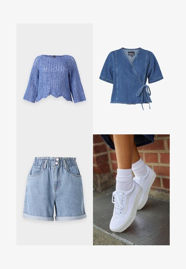 Haut en tricot bleu avec une coupe ample, un col rond, des manches longues, un ourlet festonné et un motif texturé. Matériau léger et respirant.; Haut en denim bleu foncé avec des manches courtes, un décolleté en V et un lien à la taille. Présente des coutures contrastées et une coupe décontractée.; Shorts en denim bleu clair avec une taille élastique, deux poches avant, ourlets retroussés et fermeture à double bouton. Texture lisse, design décontracté.; Baskets en toile blanches avec semelles en caoutchouc, dotées de six œillets, d'un bout rond et de détails de couture légers, portées avec des chaussettes blanches mi-mollet.