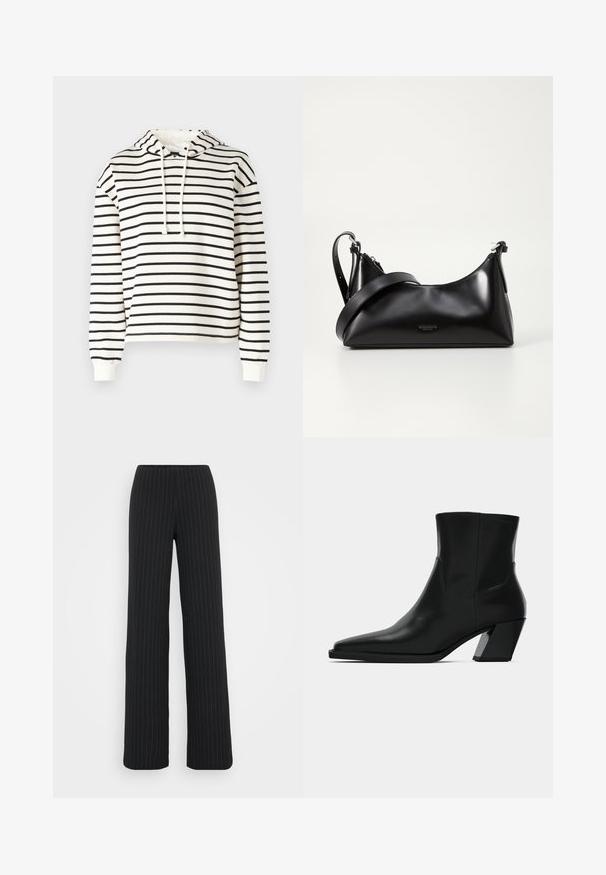 Raidallinen huppari kremellä ja mustalla. Valmistettu pehmeästä kankaasta, jossa on nyörihuppu, pitkät hihat ja rento istuvuus.; Vero Moda Tall VMBERLIN MY WIDE - Housut - obsidian/oatmeal; Mustat nahkasaappaat nilkkapituisena, teräväkärkiset, sulavalinjaiset ja paksupohjaiset neliön malliset korot. Sileä pinta, jossa on minimaalista tikkausta.; Mustat nahkakäsilaukku, jossa on sileä pinta. Varustettu säädettävällä hihnalla ja tyylikkäällä, minimalistisella muotoilulla, jossa on vetoketjukiinnitys.