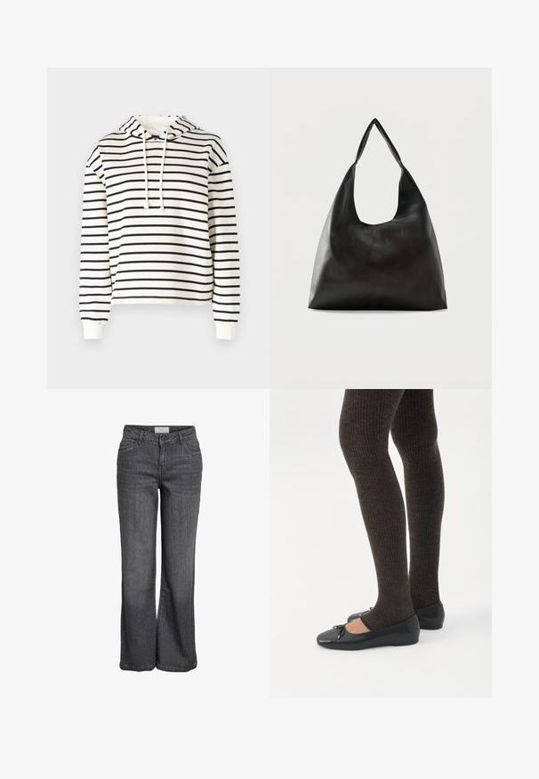 Stribet hættetrøje i creme og sort. Fremstillet af blødt stof, har snøre i hætten, lange ærmer og en afslappet pasform.; Bredde ben jeans i mørkegrå denim. Har høj talje, traditionelt fem-lomme design og en ren kanten uden udsmykning.; Ben iført mørke ribbede leggings kombineret med sorte balletsko med små sløjfedetaljer på hvid baggrund.; Sort skuldertaske i glat læder med en bred, enkelt strop og et afslappet, minimalistisk design mod en ensfarvet baggrund.