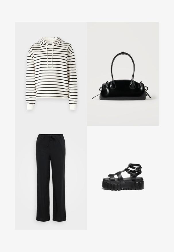 Stribet hættetrøje i creme og sort. Fremstillet af blødt stof, har snøre i hætten, lange ærmer og en afslappet pasform.; Vero Moda Tall VMBERLIN WIDE PANEL - Bukser - black; Sorte platform sandaler har lagdelte stropper og spænde detaljer, med en chunky, struktureret sål og et glat fodsengdesign.; Lille sort blank håndtaske med to lange håndtag og snøre-detaljer i siden på en ensfarvet lys baggrund.
