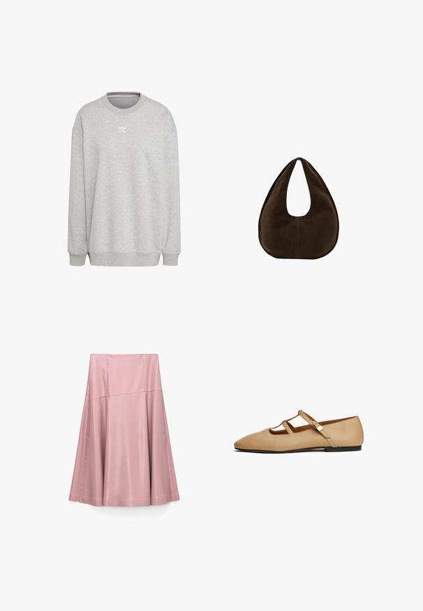 Grijze sweatshirt van zachte stof, met een ronde hals, lange mouwen, geribbelde manchetten en zoom, voorzien van een klein wit logo aan de voorkant.; Midi-lengte zachte roze leren rok met een A-lijn silhouet en subtiele naaddetails op een witte achtergrond.; Beige platte schoen met spits toel, twee dunne bandjes die de voet kruisen, en een kleine gesp aan de buitenkant.; Donkerbruine suède handtas in halve maanvorm met een enkele brede riem en een gladde textuur op een witte achtergrond.