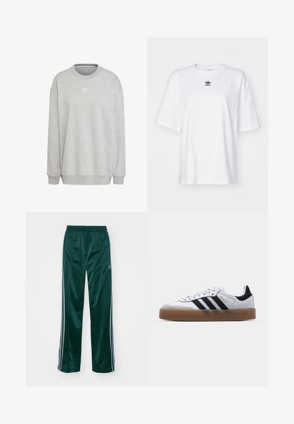 Grijze sweatshirt van zachte stof, met een ronde hals, lange mouwen, geribbelde manchetten en zoom, voorzien van een klein wit logo aan de voorkant.; Witte korte mouwen t-shirt van katoen. Voorzien van een ronde hals en een klein zwart Adidas-logo op de borst. Rechthoekige zoom.; Donkergroene sportbroeken van glanzend materiaal, met zijstrepens in lichtgrijs en een geborduurd logo op het linkerbeen.; Witte leren sneakers met zwarte strepen, gumrubberen buitenzool, ronde neus, vetersluiting en een zachte grijze suède neuskap.