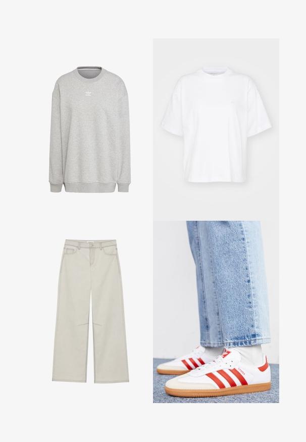 Grauer Sweatshirt aus weichem Stoff, mit Rundhalsausschnitt, langen Ärmeln, gerippten Bündchen und Saum, sowie einem kleinen weißen Logo auf der Vorderseite.; Weißes Baumwoll-T-Shirt mit Rundhalsausschnitt, kurzen Ärmeln und lockerer Passform. Verfügt über ein dezentes Logo auf der linken Brustseite. Glatte Textur.; Hellgraue, weit geschnittene Hose mit fünf Taschen, vorderem Knopfverschluss und kontrastierenden Nähten. Der Stoff wirkt weich und langlebig.; Weiße Leder Sneaker mit roten Streifen und Akzenten. Verfügt über eine strukturierte Gummi-Laufsohle und einen gepolsterten Schaft. Tragen mit hellblauer Jeans.