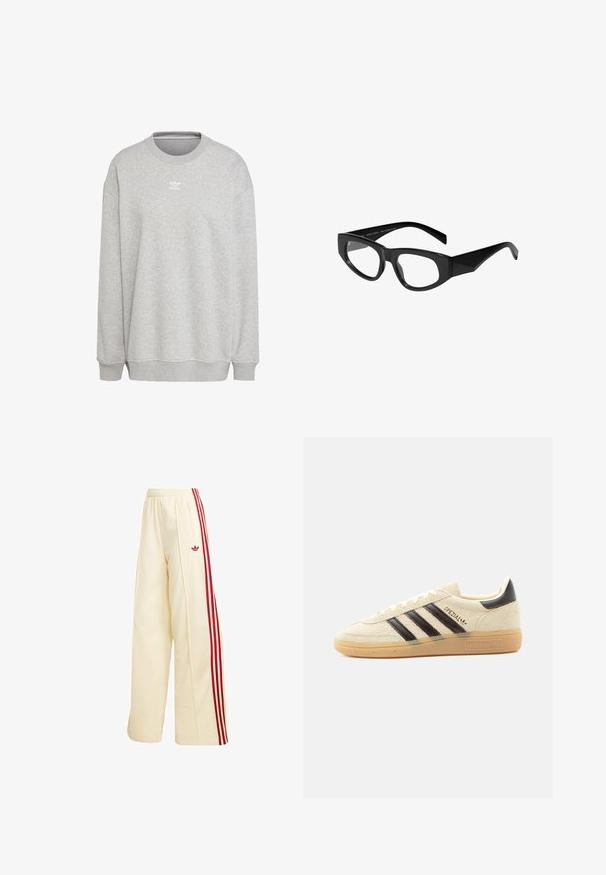 Grå sweatshirt lavet af blødt stof, med rund hals, lange ærmer, ribbede manchetter og kant, samt et lille hvidt logo på forsiden.; Kremfarvede vidde træningsbukser med røde sidelommer, elastisk talje, lynlåslomme og rødt Adidas-logo på låret.; Kremfarvet ruskindssneaker med sorte striber, gummisål, sort hælstrop og gyldent "SPEZIAL"-tekst på siden.; Sorte rektangulære briller med en blank finish, der har kantede kanter og tilspidsede arme. Fremstillet af 75 % genbrugsmaterialer.