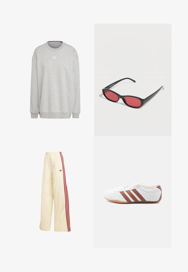 Grijze sweatshirt van zachte stof, met een ronde hals, lange mouwen, geribbelde manchetten en zoom, voorzien van een klein wit logo aan de voorkant.; Crèmekleurige wijde trainingsbroek met rode zijstrepen, elastische tailleband, ritssluitingzak en rood Adidas-logo op de dij.; Witte lage sneaker met bruine leren strepen, veterluiting en een zool van gumrubber, gezien vanaf de binnenkant op een witte achtergrond.; Zwarte ovale zonnebril met slanke pootjes en rood getinte glazen, rustend op een witte ondergrond.
