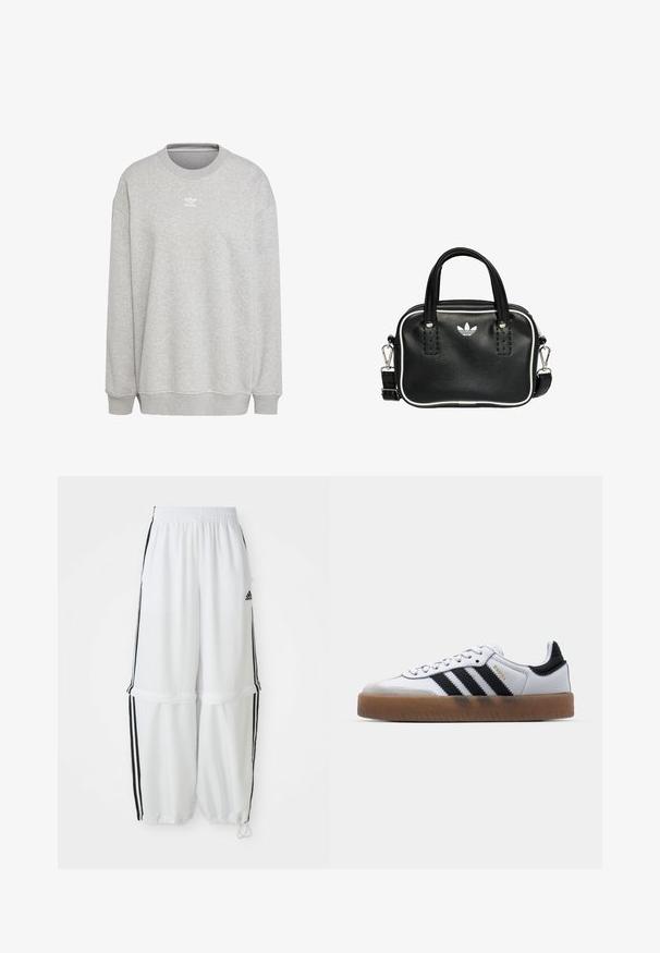 Grå sweatshirt lavet af blødt stof, med rund hals, lange ærmer, ribbede manchetter og kant, samt et lille hvidt logo på forsiden.; Hvide sportbukser med en afslappet pasform, elastisk talje og sorte sidelæg. Har lynlåslommer og elastiske afslutninger ved anklerne.; Hvide lædersneakers med sorte striber, gummirubber sål, rund tå, snørelukning og blød grå ruskinds tåhætte.; Sort læderhandtaske med to korte håndtag, sølvhardware, hvide accenter og et hvidt logo. Har en struktureret overflade og et kompakt design.