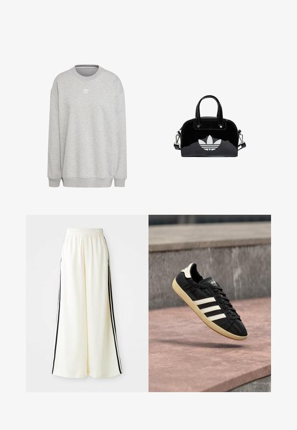 Grauer Sweatshirt aus weichem Stoff, mit Rundhalsausschnitt, langen Ärmeln, gerippten Bündchen und Saum, sowie einem kleinen weißen Logo auf der Vorderseite.; Weiße weite Hosen mit elastischem Bund und schwarzen vertikalen Streifen an den äußeren Nähten.; Schwarzer Adidas-Sneaker mit weißen Streifen und beiger Sohle, in der Luft über einer steinernen Oberfläche und mit Steinwand im Hintergrund aufgenommen.; Schwarze Handtasche aus Lackleder mit abgerundeter Form, doppelten Tragegriffen, silbernen Akzenten und einem auffälligen weißen Logo auf der Vorderseite.