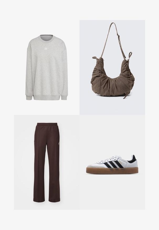 Grijze sweatshirt van zachte stof, met een ronde hals, lange mouwen, geribbelde manchetten en zoom, voorzien van een klein wit logo aan de voorkant.; Bruine sportieve broek met een elastische tailleband, twee zijzakken en een klein logo aan de linkerzijde, gemaakt van een zachte stof.; Witte leren sneakers met zwarte strepen, gumrubberen buitenzool, ronde neus, vetersluiting en een zachte grijze suède neuskap.; Bruine suède schoudertas met geplooide details, verstelbare band en decoratieve zijstrikken, getoond tegen een neutrale achtergrond.