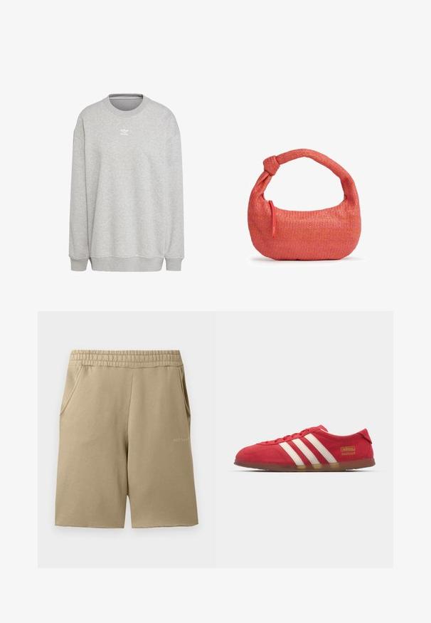 Grauer Sweatshirt aus weichem Stoff, mit Rundhalsausschnitt, langen Ärmeln, gerippten Bündchen und Saum, sowie einem kleinen weißen Logo auf der Vorderseite.; Beige Sportshorts aus weichem Stoff, mit einem elastischen Bund, zwei Seitentaschen und einem kleinen Logo am Saum.; Rote Wildledersneaker mit weißem Drei-Streifen-Design, flacher Außensohle und goldenen Logodetails. Niedrig geschnittenes Design mit runder Zehenpartie und Schnürverschluss.; Kleine gewebte korallenfarbene Handtasche mit einem geknoteten Griff und einem roten Reißverschlussanhänger an der Seite, vor weißem Hintergrund präsentiert.