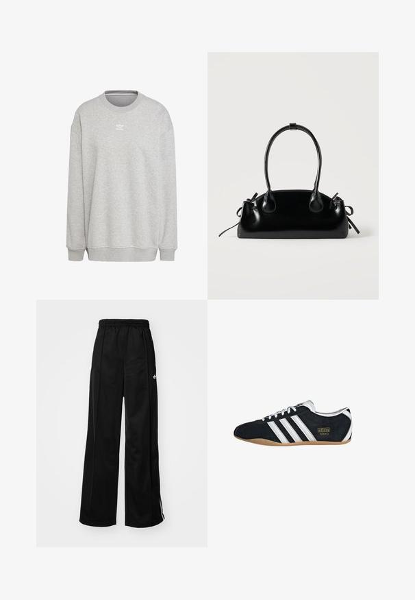 Grijze sweatshirt van zachte stof, met een ronde hals, lange mouwen, geribbelde manchetten en zoom, voorzien van een klein wit logo aan de voorkant.; Zwarte wijde trainingsbroek met een elastische tailleband, voorzien van witte zijkanten en een klein logo op de linker heup. Stevige stoftextuur.; Zwarte suède sneaker met witte drie strepen, gouden logo en een bruine rubberen zool. Heeft een laag profiel vetersluiting ontwerp.; Kleine zwarte glanzende handtas met twee lange hengsels en zijkant trekkoord details op een effen lichte achtergrond.