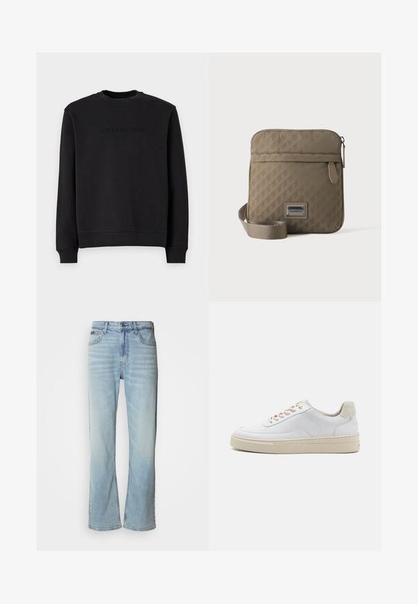 Sort sweatshirt lavet af blødt stof, har en rund hals, lange ærmer og et præget "MICHAEL KORS" logo på brystet.; Lyseblå denimjeans med lige ben, der har fem lommer, knaplukning og en subtil falmning på stoffet.; Hvide sneakers med en glat læderoverdel, beige snørebånd og en tekstureret beige ruskindsheel-tab. Hævet sål for ekstra højde.; Beige crossbody-taske med justerbar rem, front-lynlåslomme og præget geometrisk mønster, med lille metal logo-plade.