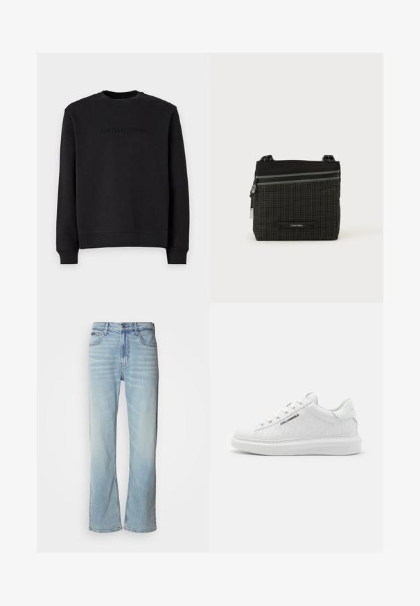 Schwarzes Sweatshirt aus weichem Stoff, mit Rundhalsausschnitt, langen Ärmeln und geprägtem "MICHAEL KORS"-Logo auf der Brust.; Hellblaue Jeans aus Denim mit geradem Bein, ausgestattet mit fünf Taschen, einem Knopfverschluss und subtilen Verwaschungen im Stoff.; Weißer Sneaker aus glattem Leder mit geprägtem Muster. Verfügt über eine runde Zehenpartie, Schnürung vorne und strukturierten Sohle. Silbernes Logo-Detail an der Seite.; Schwarze und graue Calvin Klein Umhängetasche mit Karomuster, Frontreißverschlusstasche und verstellbarem Riemen vor weißem Hintergrund.