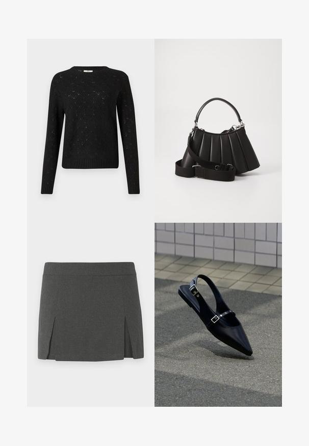 Sort strikket sweater med diamantmønster, ribbet kant og lange ærmer. Fremstillet af let materiale med rund halsudskæring.; Grå mini nederdel med en glat tekstur, der har en flad talje og to forsidige slids for ekstra detalje. Casual design.; Sort flad slingback med spids tå og dobbelte spænder, hvilende på grå asfalt nær flisevæg.; Sort plisseret handbag med et rundet håndtag, justerbar rem og blank overflade. Har sølvfarvet hardware og en struktureret silhuet.