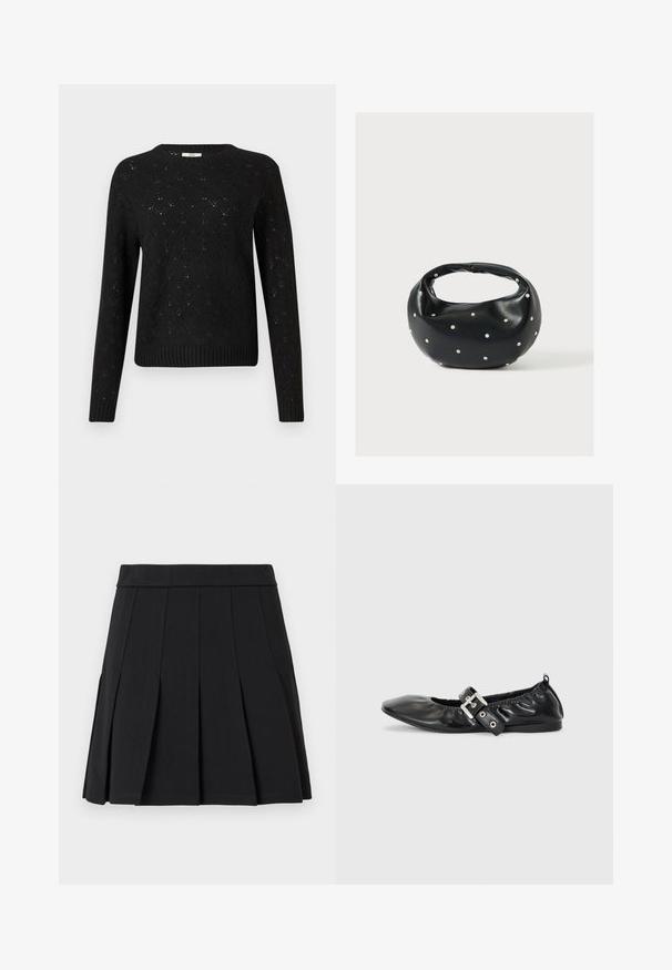 Sort strikket sweater med diamantmønster, ribbet kant og lange ærmer. Fremstillet af let materiale med rund halsudskæring.; Sort plisseret nederdel lavet af et glat materiale. Har en bred linning og flere knivfolder, der går lodret.; Sorte læder flade sko med spids tå, samling detaljer omkring åbningen, og en sølv spænde accent på den justerbare rem.; Sort læderhåndtaske med en rundet form, dekoreret med sølvnitter, og et kort håndtag. Glat tekstur og lynlåslukning.