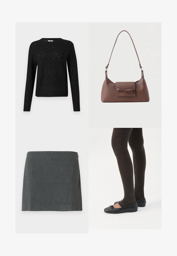 Zwart gebreid sweater met een diamanten patroon, geribbelde zoom en lange mouwen. Gemaakt van lichtgewicht materiaal, met een ronde hals.; Zwart-wit geblokte rok gemaakt van stof met een gladde textuur. Heeft een rechte silhouette en een ritssluiting aan de zijkant.; Benen met donkere geribbelde leggings gecombineerd met zwarte ballerina's met kleine strikdetails op een witte achtergrond.; Bruine leren schoudertas met een voorvak met klep en een gestikte strikdetail en een verstelbare band.