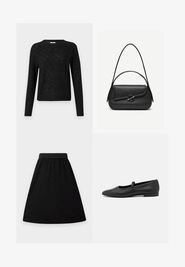 Pull en tricot noir avec un motif en losanges, ourlet côtelé et manches longues. Fabriqué en matériau léger, avec un col rond.; Jupe noire en A avec une taille élastique, fabriquée dans un tissu lisse et léger ; présente un design simple et uni sans motifs.; Ballerines noires en cuir lisse, avec un bout rond, une petite sangle sur le dessus et un design minimaliste.; Sac à main en cuir noir avec bords arrondis, rabat asymétrique, fermoir circulaire en métal, et des bandoulières courtes et longues.