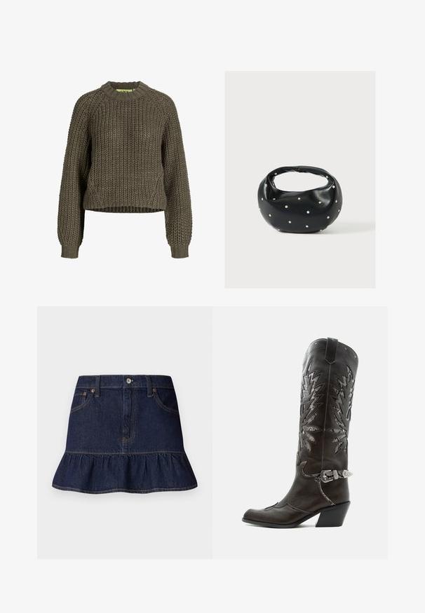 Großzügig gestrickter, olivgrüner Pullover mit langen Ärmeln, gerippten Bündchen, Rundhalsausschnitt und leicht verkürzter Passform.; Dunkelblaue Denim-Rock mit Rüschensaum, Fünf-Taschen-Design, Gürtelschlaufen und einer vorderen Knopfleiste. Glatte Textur und gerader Schnitt.; Schwarzer Leder-Cowboystiefel mit dekorativen Ausschnitten, silberner Schnalle und schräger Ferse, auf weißem Hintergrund dargestellt.; Schwarze Lederhandtasche mit abgerundeter Form, verziert mit silbernen Nietenakzenten und kurzem Griff. Glatte Struktur und Reißverschlussverschluss.