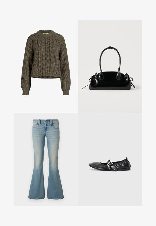 Großzügig gestrickter, olivgrüner Pullover mit langen Ärmeln, gerippten Bündchen, Rundhalsausschnitt und leicht verkürzter Passform.; Hellblaue, ausgestellte Jeans aus Denim mit hoher Taille, dezentem Verblassen, zwei vorderen Taschen und zwei hinteren Taschen mit Knopfverschluss.; Schwarze Leder-Ballerinas mit spitzem Zehenbereich, gerafften Details am Schaft und einem silbernen Schnallenakzent am verstellbaren Riemen.; Kleine schwarze glänzende Handtasche mit zwei langen Griffen und seitlichen Kordelzug-Details vor einfachem hellem Hintergrund.