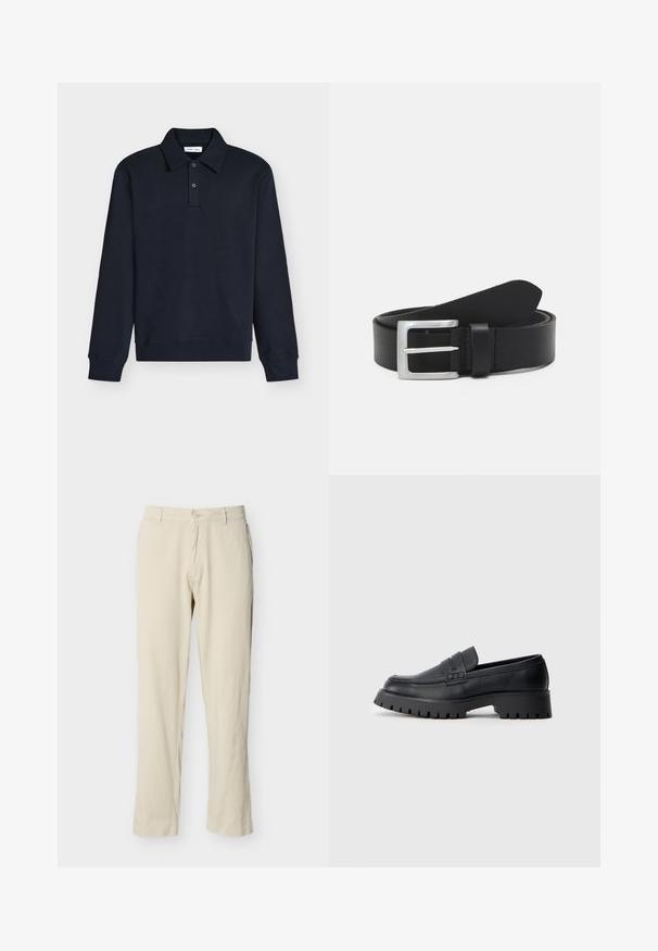 Polo manches longues bleu marine foncé avec col et deux boutons sur la patte, poignets et ourlet en côte, présenté sur fond blanc.; Pantalon beige à jambes droites avec passants pour ceinture, fermeture par bouton, et poches avant, présenté sur un fond blanc uni.; Mocassins en cuir noir avec un bout arrondi, présentant une sangle décorative et une semelle en caoutchouc épaisse avec de profonds crampons pour une meilleure adhérence.; Ceinture en cuir noir avec une texture lisse, boucle rectangulaire en argent et une boucle pour l'extrémité. Présente des coutures soignées le long des bords.