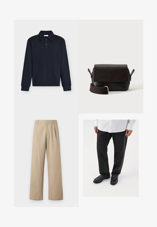 Polo manches longues bleu marine foncé avec col et deux boutons sur la patte, poignets et ourlet en côte, présenté sur fond blanc.; Pantalon beige à jambes larges avec passants de ceinture, fermeture éclair devant, et plis, présenté sur fond blanc.; Pantalons en denim noir associés à des mocassins noirs brillants. La chemise est blanche avec de fines rayures verticales, avec des manches longues et un col boutonné.; Sac bandoulière en cuir marron foncé avec fermeture à rabat et sangle en tissu réglable sur fond blanc.