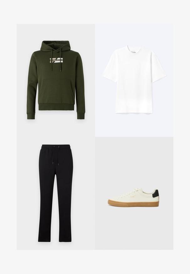 Ελιά πράσινη hoodie φτιαγμένη από μαλακό ύφασμα, διαθέτοντας μπροστινή τσέπη καγκουρό, ribbed μανσέτες και κορδόνια με λευκό λογότυπο στο στήθος.; Απλό λευκό T-shirt με κοντά μανίκια και στρογγυλή λαιμόκοψη, σε άνετη εφαρμογή, παρουσιασμένο σε ανοιχτό φόντο.; Μαύρο παντελόνι φόρμας με σχεδιασμό ίσιας γραμμής, ελαστική μέση με κορδόνι και χωρίς ορατά σχέδια ή διακοσμήσεις.; Λευκά καμβά παπούτσια με καουτσούκ σόλα, μαύρη λεπτομέρεια στη φτέρνα, στρογγυλή μύτη και σχέδιο με κορδόνια. Διαθέτει λογότυπο της μάρκας σε χρυσό στο πλάι.