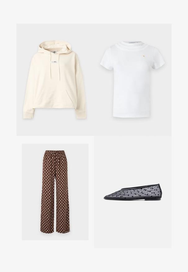 Sweat à capuche écru avec poche kangourou avant, cordon de serrage à la capuche, poignets côtelés et petite étiquette tissu sur la poitrine et à l'intérieur du col.; T-shirt blanc à manches courtes avec un col rond superposé et un petit emblème doré sur la poitrine gauche.; Pantalon large marron à pois blancs, avec taille élastique et cordon de serrage, présenté sur un fond clair uni.; Chaussure plate noire à bout pointu, en tissu transparent avec un motif à pois noirs sur un fond clair.