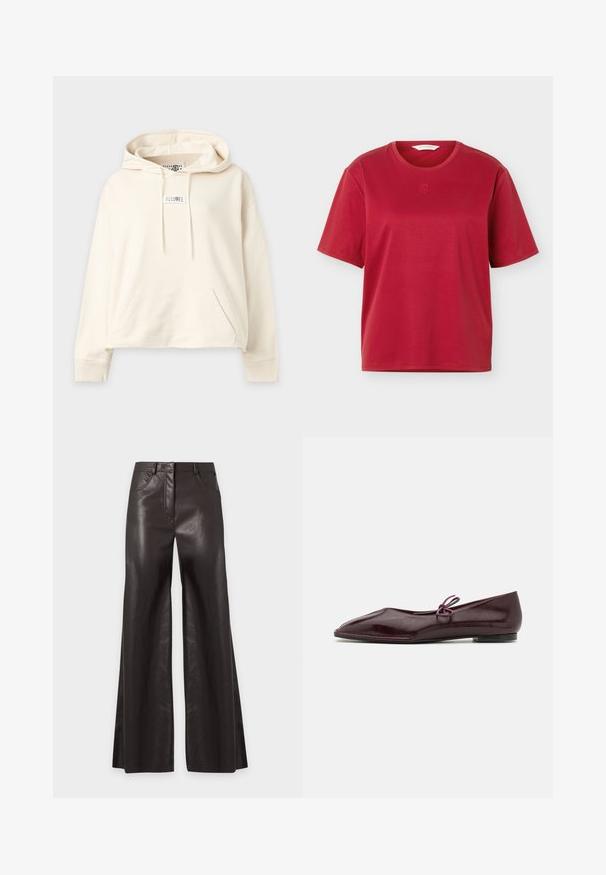 Sweat à capuche écru avec poche kangourou avant, cordon de serrage à la capuche, poignets côtelés et petite étiquette tissu sur la poitrine et à l'intérieur du col.; T-shirt en coton rouge à manches courtes avec encolure ronde et petit logo brodé centré sous l'encolure, présenté sur un fond blanc.; Pantalon noir taille haute à jambes larges en similicuir avec poches avant et passants pour ceinture, présenté à plat sur un fond clair.; Ballerines en cuir verni bordeaux avec un bout pointu et un nœud décoratif violet sur le cou-de-pied ; design à semelle plate.
