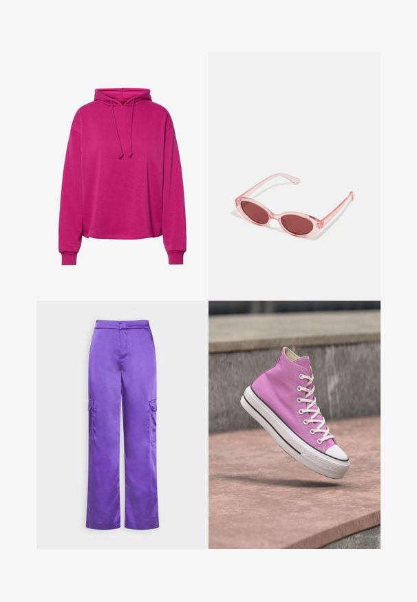 Fuchsiová mikina s kapucňou vyrobená z mäkkého materiálu. Má voľný strih, šnúrku na krku a rebrované manžety. Hladká textúra.; Gina Tricot WILMA TROUSERS - Kapsáče - liliac; Ružová vysoká plátená teniska s bielymi šnúrkami a gumovou podrážkou levitujúca nad kamenným povrchom vonku.; Ružové priehľadné slnečné okuliare s oválnymi šošovkami, tmavočerveným tónovaním a štíhlymi ramenami, so hladkým povrchom a jemnými detailmi na ráme.