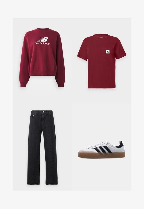 Sudadera burdeos con cuello redondo acanalado, hombros caídos y mangas largas. Presenta un logo blanco de "New Balance" en el frontal.; Camiseta de algodón de manga corta roja, con un bolsillo en el lado izquierdo del pecho que presenta un parche de logo blanco. Cuello redondeado, corte casual.; Vaqueros negros de cintura alta y pernera recta con un patrón sutil de estampado de leopardo, cierre frontal con botón, cremallera y diseño de cinco bolsillos.; Zapatillas de cuero blancas con rayas negras, suela de goma, puntera redonda, cierre de cordones y caperuza de ante gris suave.