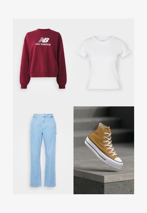 Bordeaux huppari, jossa on ribattu pyöreä kaula-aukko, pudotetut olkapäät ja pitkät hihat. Edessä on valkoinen "New Balance" -logo.; Valkoinen, lyhythihainen, vartalonmyötäinen, pyöreäkauluksinen T-paita esitettynä tasaisena, sivusaumat hieman näkyvissä.; Vaaleansininen farkkuhousut, joissa on suora lahkeiden muotoilu, korkea vyötärö ja edessä nappikiinnitys. Sisältää kaksi sivutaskua ja minimaalista ompelua.; Korkeavartinen tennari sinappikeltaisesta kankaasta, jossa valkoiset nauhat, kuminen kärki ja teksturoitu valkoinen pohja mustilla raidoilla.