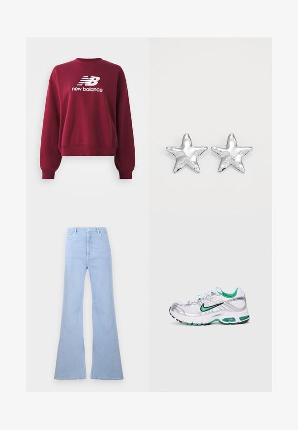 Bordeaux huppari, jossa on ribattu pyöreä kaula-aukko, pudotetut olkapäät ja pitkät hihat. Edessä on valkoinen "New Balance" -logo.; Vaaleansiniset korkeavyötäröiset liehuhousut, joissa on vyölenkit, etunapituki ja etutaskut valkoisella taustalla.; Nike juoksukengät valkoisina, hopeisina ja vihreinä. Ominaisuuksina verkkokankaat ja synteettiset materiaalit, pehmustettu kaulus ja pehmustettu pohja, jossa on näkyvät ilma-yksiköt.; Hopeakuvioiset tähti-korvakorut, joissa on kiiltävä pinta. Jokaisessa korvakorussa on viisi nuppia ja hienovarainen pinnan tekstuuri.