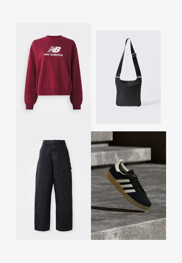 Sudadera burdeos con cuello redondo acanalado, hombros caídos y mangas largas. Presenta un logo blanco de "New Balance" en el frontal.; Pantalones cargo de denim negro de pierna ancha con cintura alta, dos grandes bolsillos frontales y cierre de botón en la cintura. Textura suave, diseño casual.; Zapatilla de ante negra con rayas blancas y logo dorado, con suela de goma texturizada color goma y una lengüeta del talón en crema contrastante.; Bolsa de hombro negra de nailon con un diseño plano, correa ajustable y bolsillo con cremallera en el frontal. Presenta una textura suave y un estilo minimalista.
