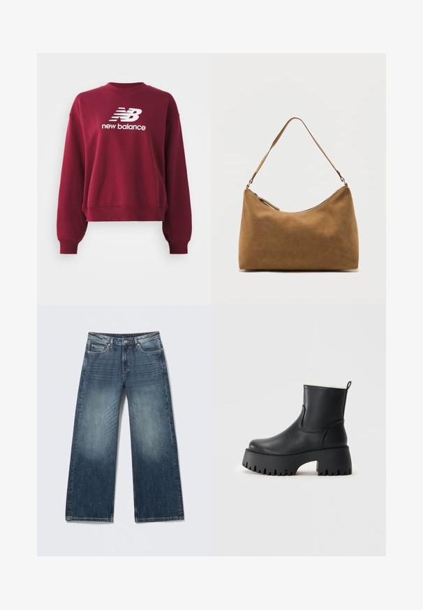 Bordeaux huppari, jossa on ribattu pyöreä kaula-aukko, pudotetut olkapäät ja pitkät hihat. Edessä on valkoinen "New Balance" -logo.; Siniset leveälahkeiset farkut, joissa on nappi- ja vetoketjusulku, etu- ja takataskut sekä haalistuneet pesuvärjäykset reisissä ja polvissa.; Musta nilkkuri, joka on valmistettu liukkaasta nahasta, jossa on paksu, uritettu kumipohja. Siinä on pyöreä kärki ja kangasvuori yläreunassa.; Ruskea mokkanahkainen olkalaukku, jossa on yksi hihna ja ylävetoketjusuljin, esillä yksinkertaisen valkoisen taustan edessä.