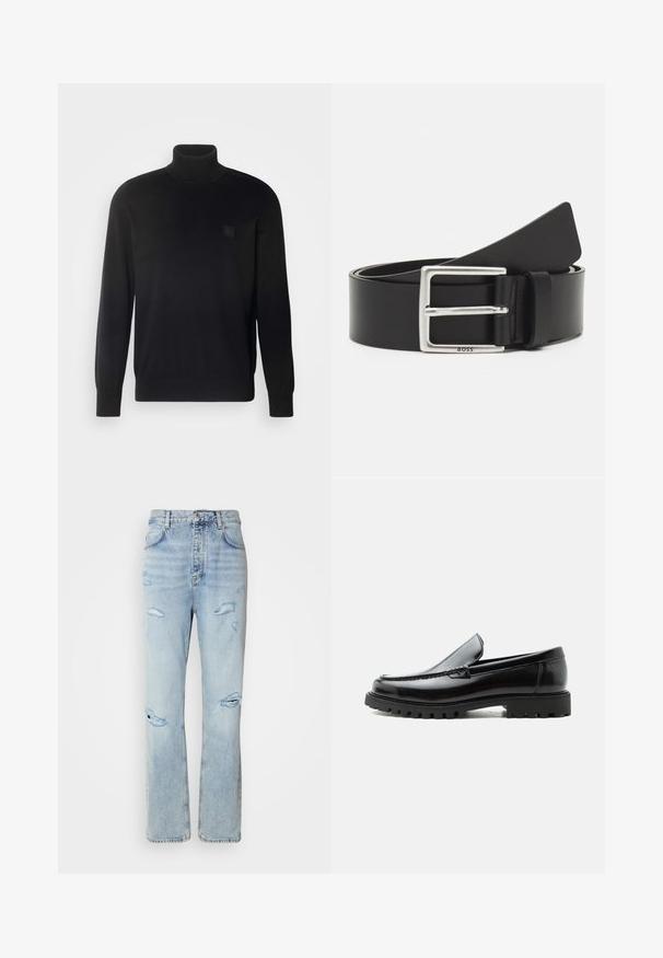 Sort rullekravestrik med lange ærmer, ribbet krave og manchetter, lavet af et glat stof. Har et lille logo mærke på brystet.; Lysvaskede denimjeans med en afslappet pasform, der har slidte områder og frynsede kanter. Stoffet har en blød, glat tekstur.; Sort læderloafer med chunky gummisål, syet overdel og præget mærkenavn på hælen, vist i sideprofil på hvid baggrund.; Sort læderbælte med en rektangulær sølvspænde, har diskret branding og en glat tekstur. Enderne taper af til en rundet finish.