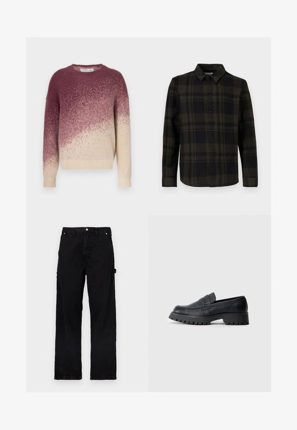 Strikket sweater med rund hals, der viser en gradient fra mørk lilla til cremet beige. Blød tekstur med et subtilt mønster gennem hele.; Sort og mørkegrøn ternet skjorte lavet af stof med knapper foran, lange ærmer og klassisk kravedesign.; Sorte denimbukser med lige ben, der har knap- og lynlås-lukning, sidelommer og subtile teksturvariationer.; Sorte læder loafers med en rund tå, prydet med en dekorativ rem og en kraftig gummisål med dybe riller for grip.