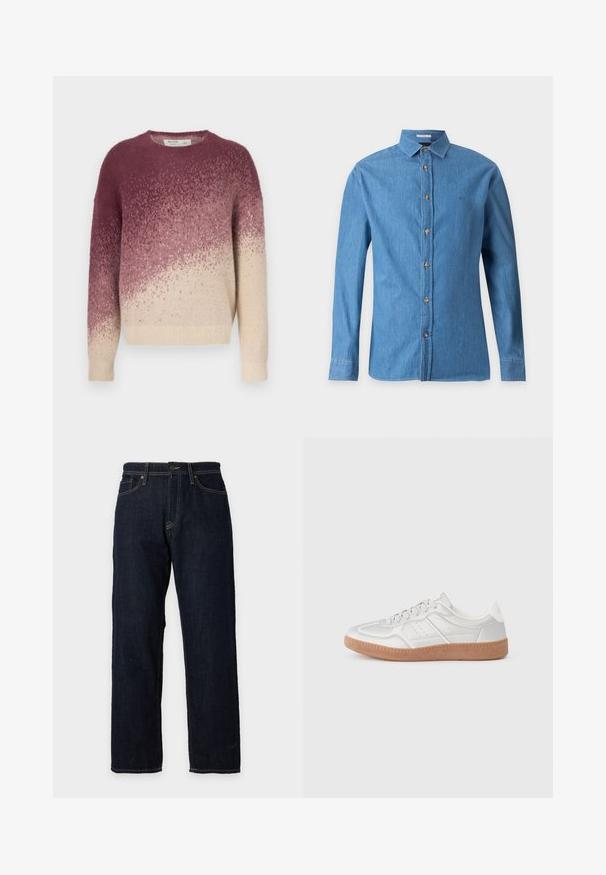 Strikket sweater med rund hals, der viser en gradient fra mørk lilla til cremet beige. Blød tekstur med et subtilt mønster gennem hele.; Blå denim langærmet skjorte med krave og brune knapper foran, vist mod en ensfarvet lysegrå baggrund.; Mørkeblå straight-leg denimjeans med knap og lynlås foran, bæltestropper, for- og baglommer samt kontrastsyning.; Sølv sneakers med en glat overflade, snørebånd, perforerede detaljer og en struktureret brun gummi sål.