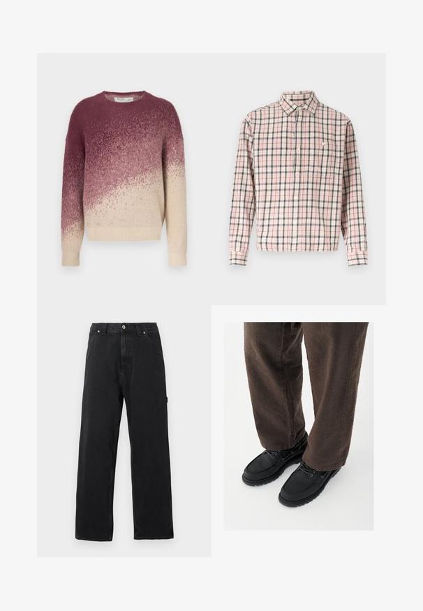 Pull en tricot à col rond, présentant un dégradé du violet foncé au beige crème. Texture douce avec un motif subtil sur l'ensemble.; Chemise à manches longues boutonnée avec un motif à carreaux rose, blanc et gris, dotée d'une poche poitrine unique avec un bouton.; Jean noir droit avec poches avant, passants pour ceinture, fermeture par bouton et coutures apparentes sur un fond uni.; Chaussures en cuir noir avec une finition lisse, bout arrondi et design à lacets, associées à un pantalon marron texturé. Vue en contre-plongée.
